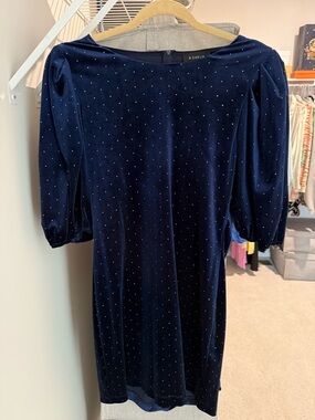 B. Darlin Navy Velvet Rhinestone Dress Puff Sleeve Size L